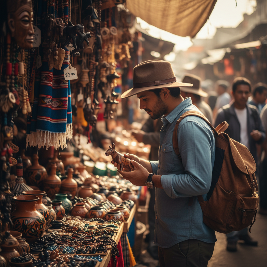 Traveler comparing local souvenirs at an outdoor market to avoid tourist traps