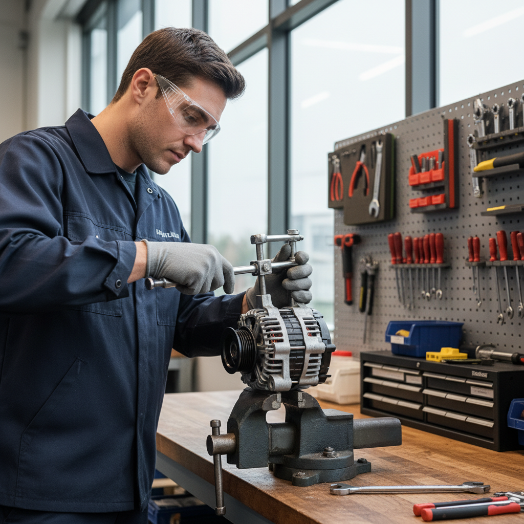 Technician using a small pulley puller with safety glasses in a workshop