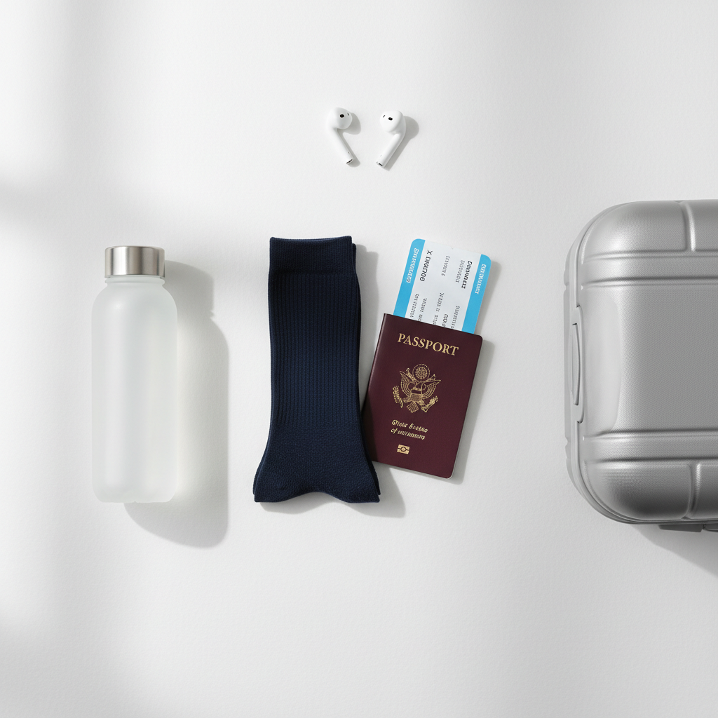 Packing flat-lay with compression travel socks, passport, and carry-on essentials