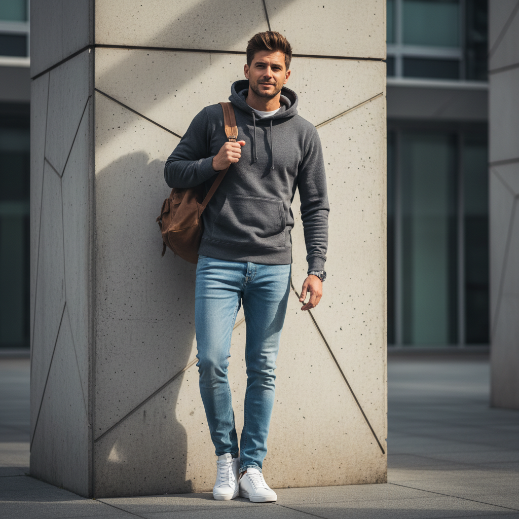 Basic men’s hooded sweatshirt in a clean everyday outfit