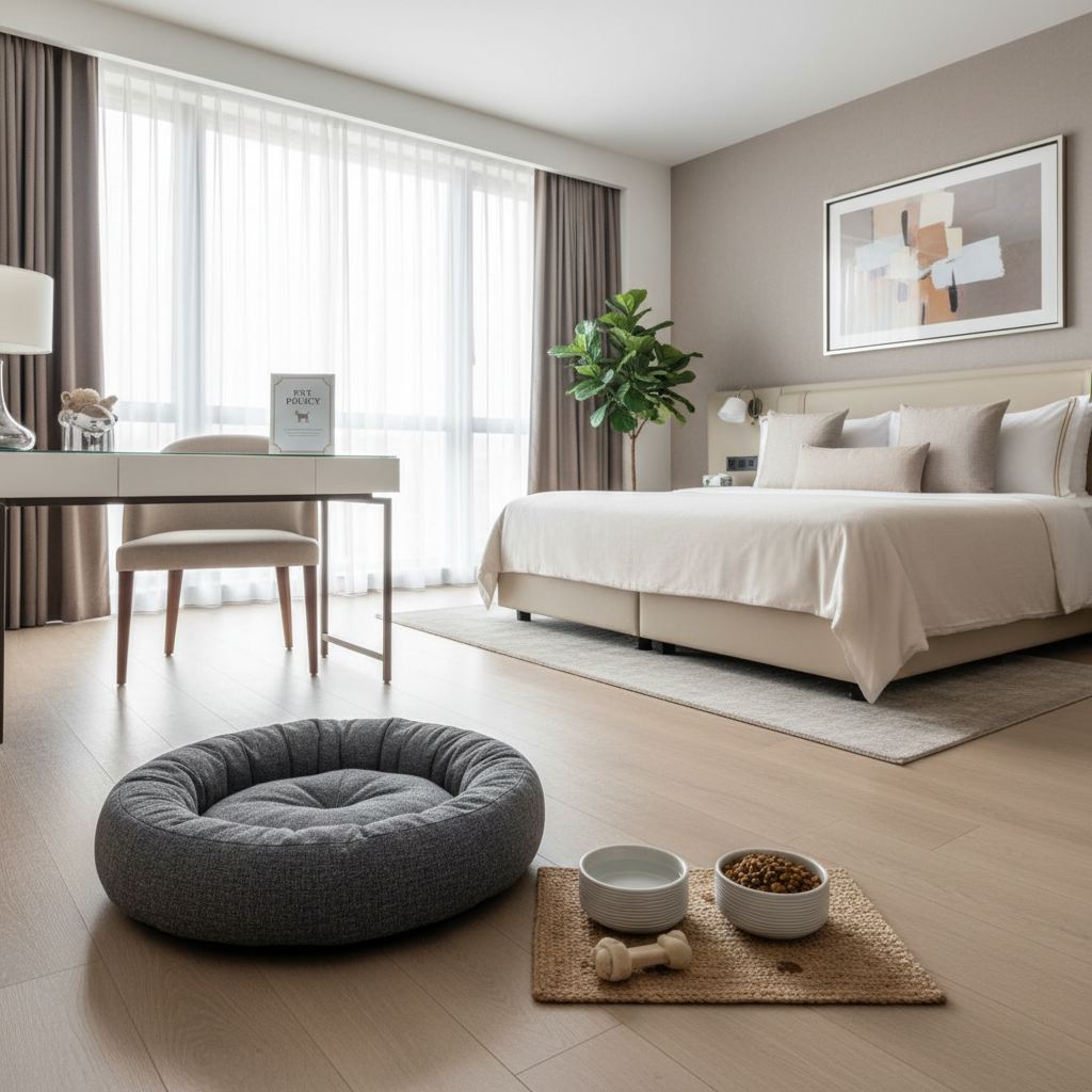 Hotel room setup for pets with dog bed, bowls, and a clear pet policy card