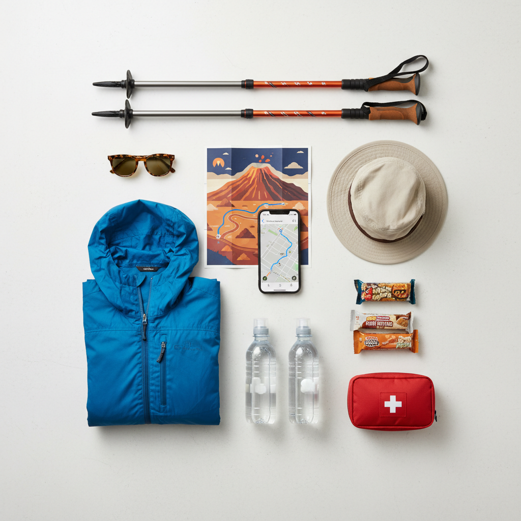 Flat lay of volcano hiking gear including map, trekking poles, layers, and water