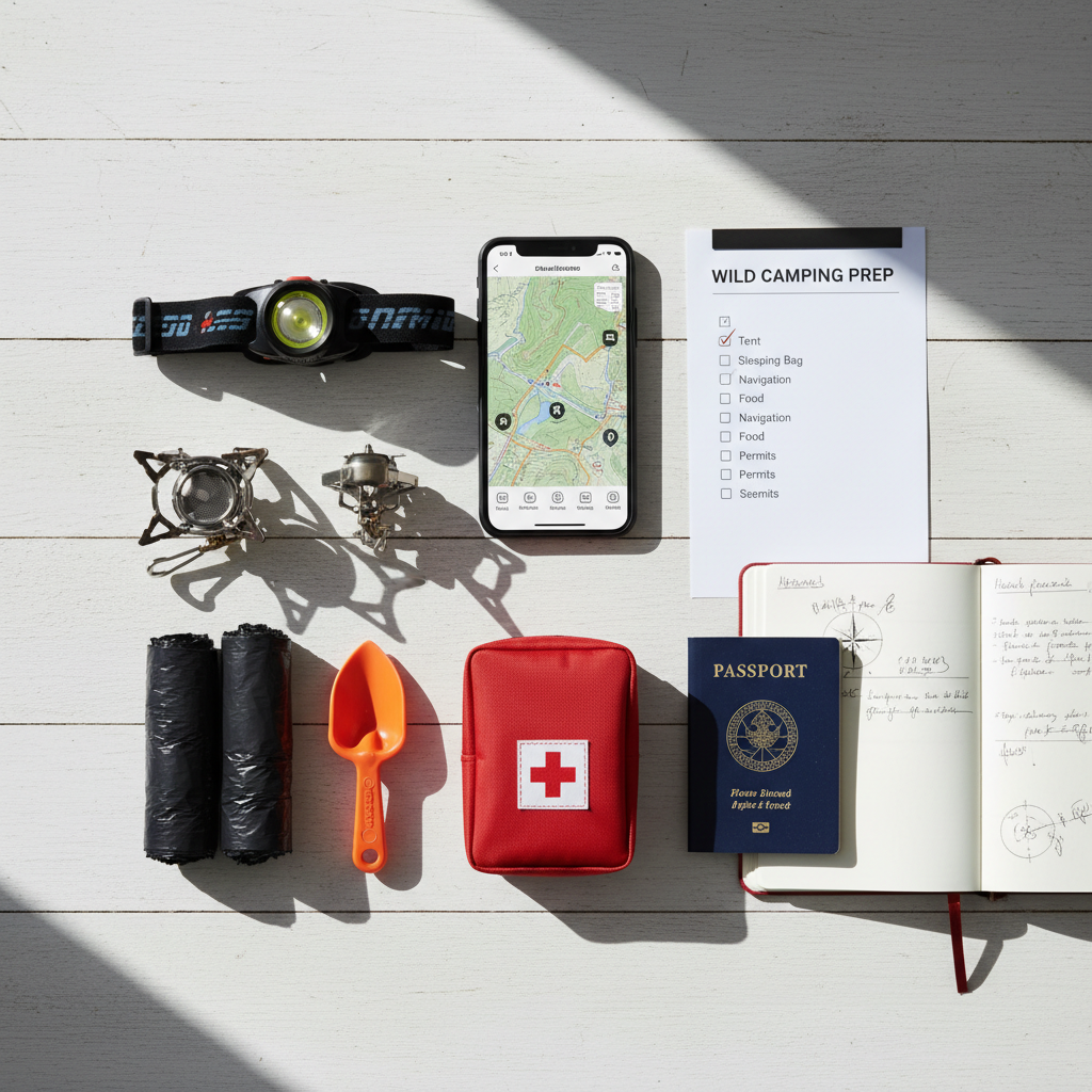 Checklist-style gear and planning items for legal wild camping in Europe