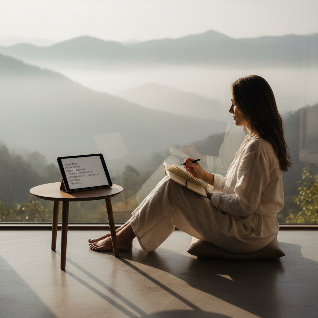 Traveler journaling and checking retreat schedule for stress relief