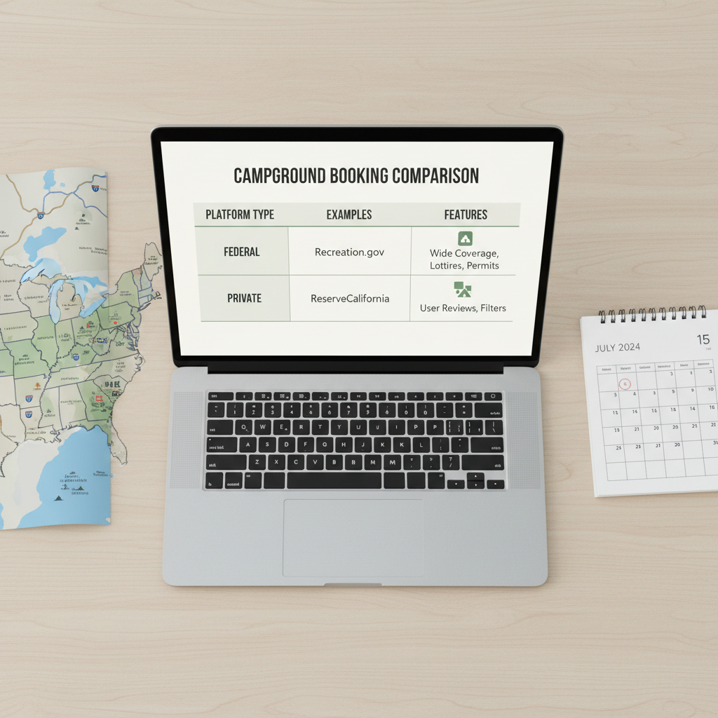 Table view of campground booking channels and reservation platforms