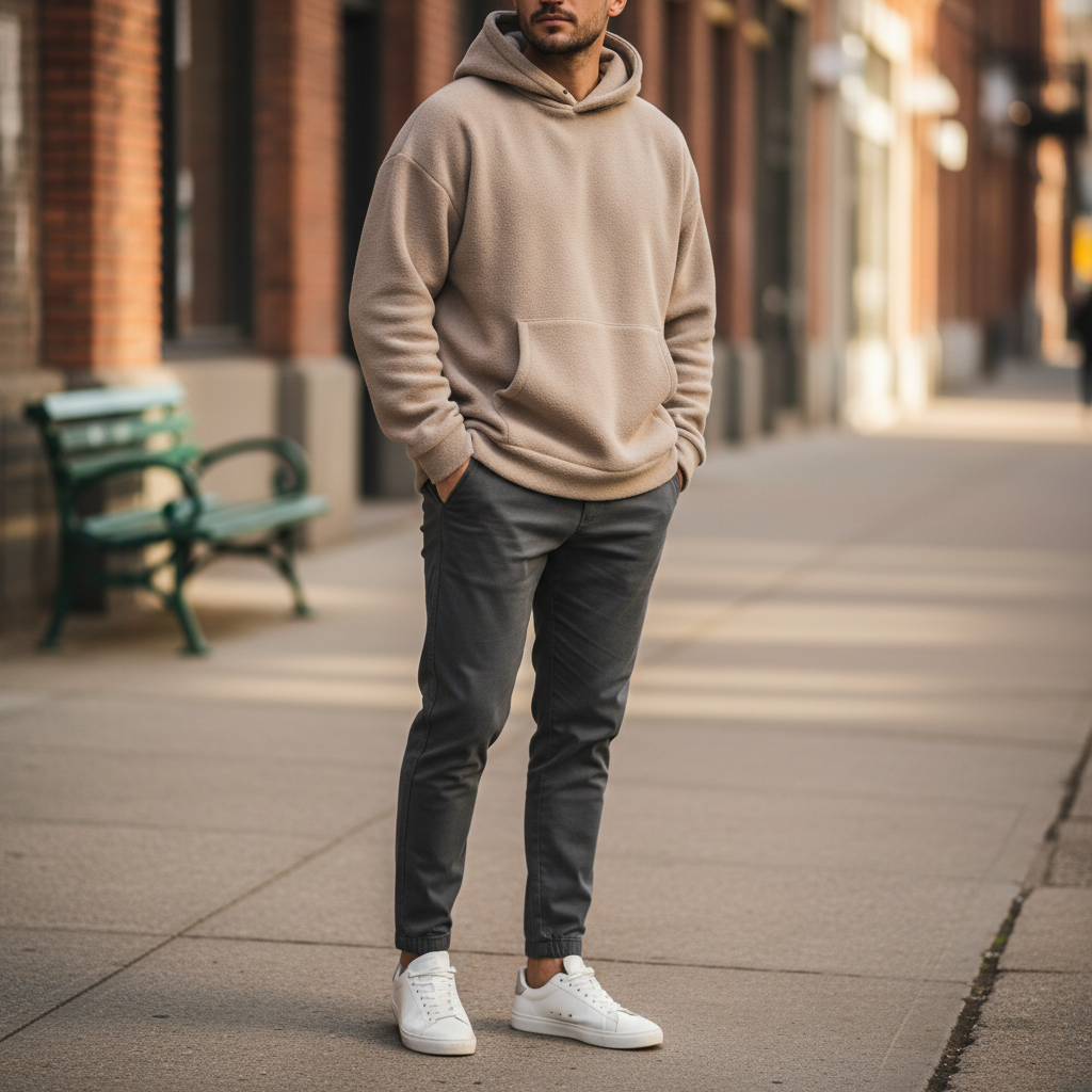 Men wearing joggers in casual streetwear outfit with sneakers and hoodie