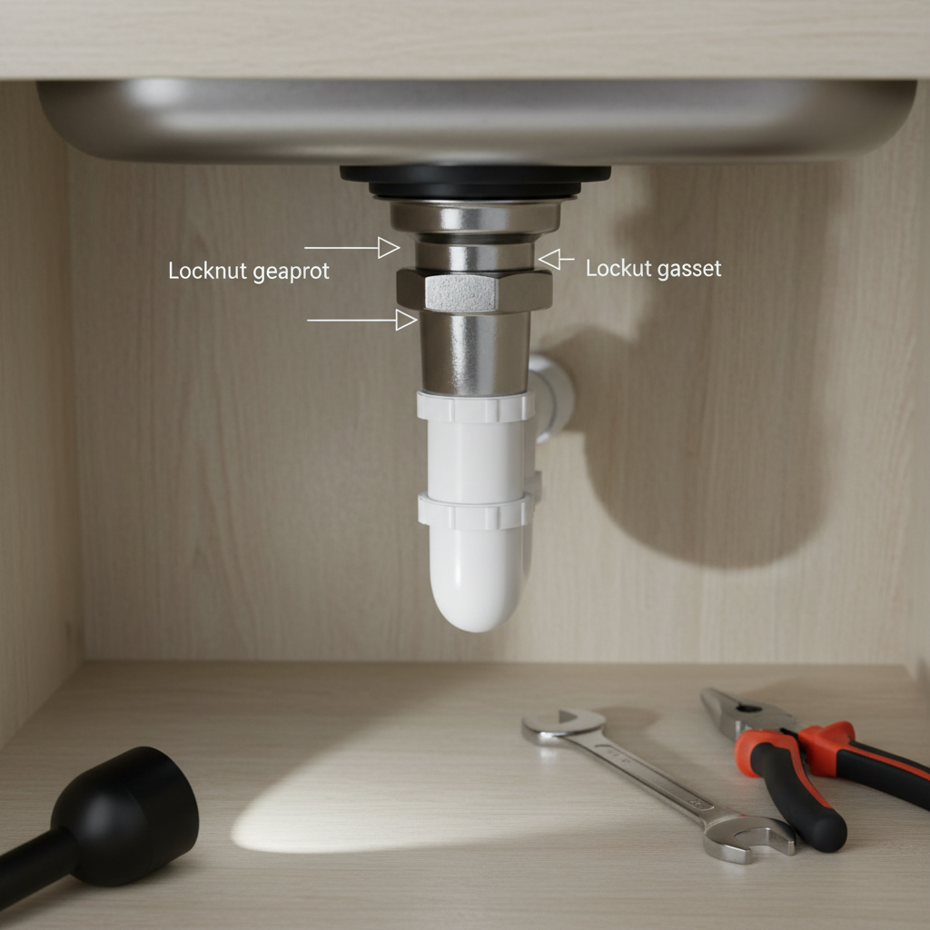 Under-sink view showing sink strainer locknut, gasket, and drain connection for leak troubleshooting