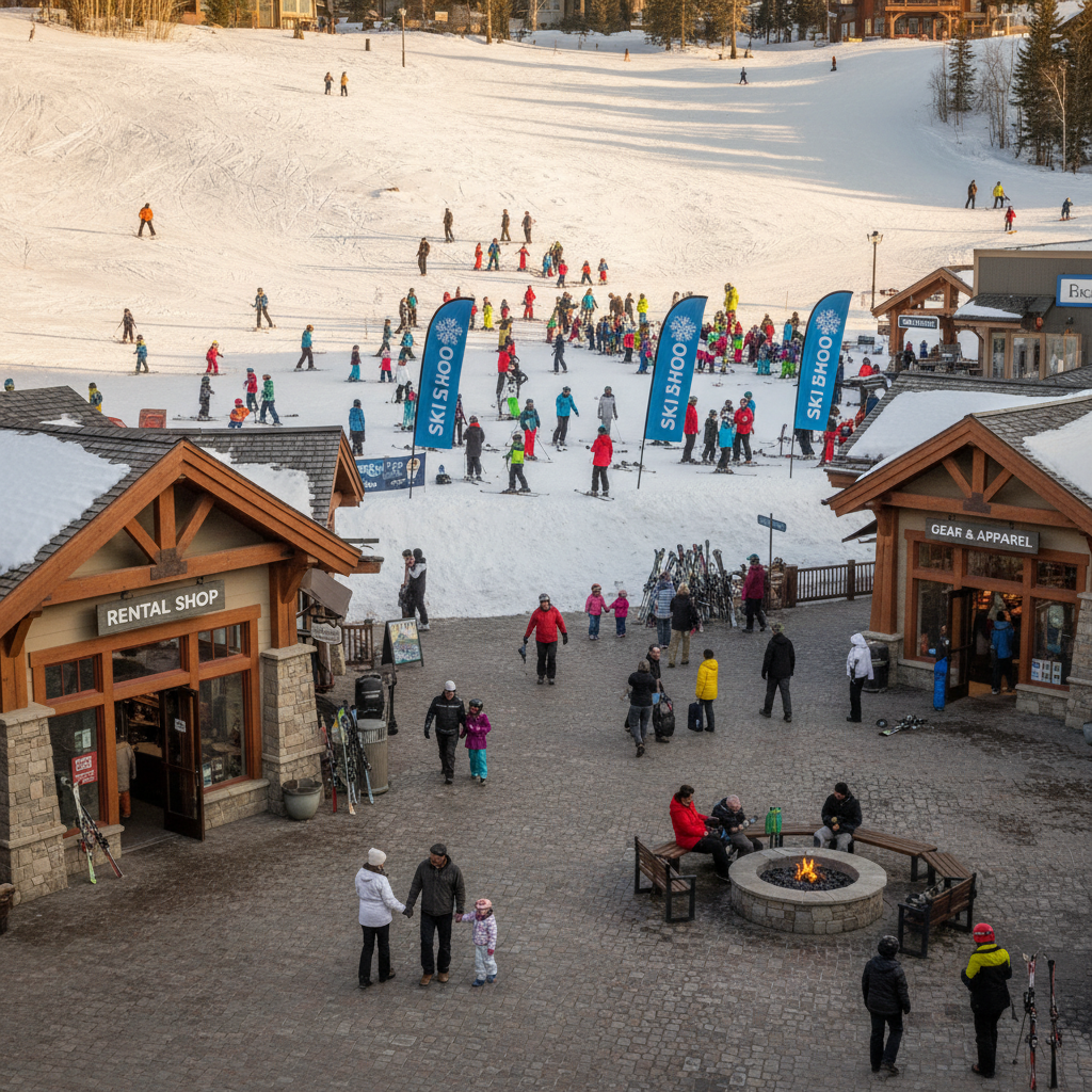 Family-friendly ski resort base area with lessons, rental shop, and walkable village