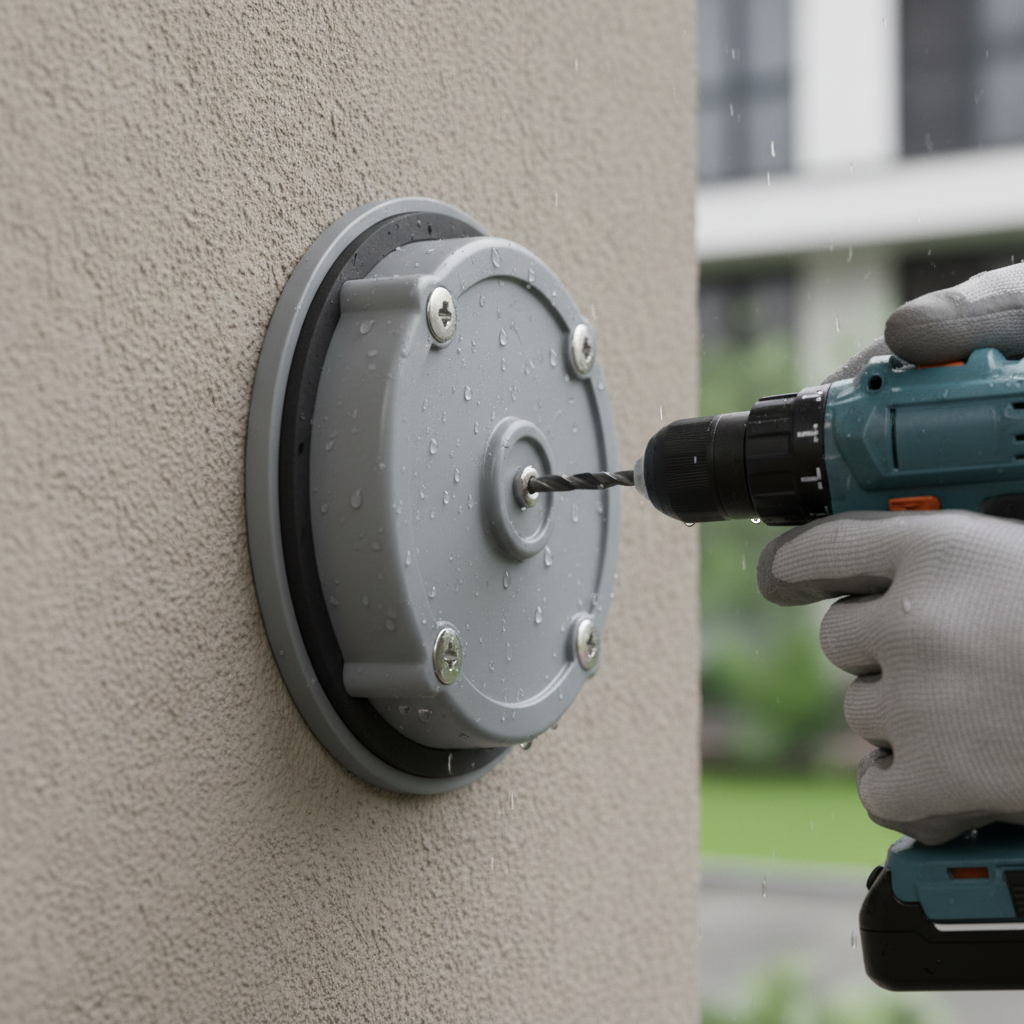 Electrician tightening gasketed cover on weatherproof plastic junction box