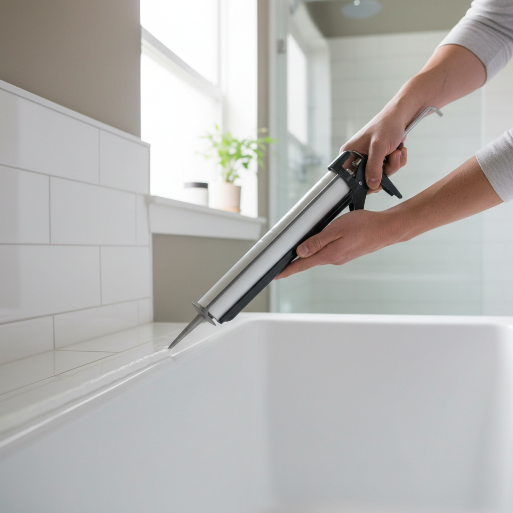 DIYer applying a clean caulk bead with a caulking gun along a bathroom tub edge