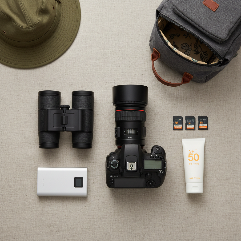 Safari gear essentials like binoculars, camera, and daypack laid out neatly
