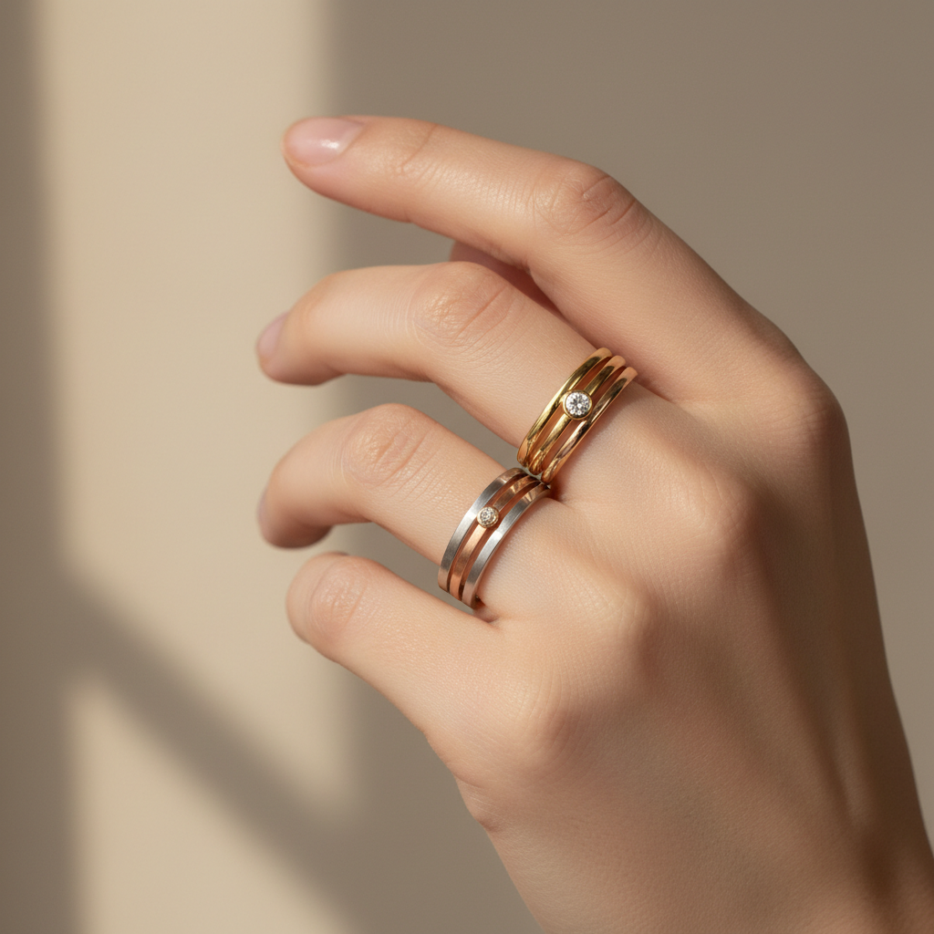 Minimal stackable rings styling with mixed metal bands on hand close-up