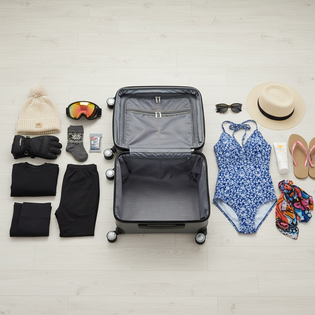 Packing list for winter trip with snow gear and warm-weather items