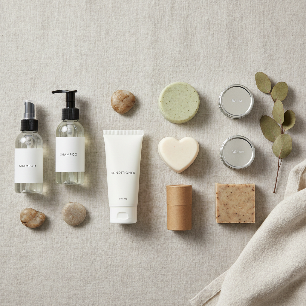 Flat lay of travel-size toiletries and solid alternatives for carry-on