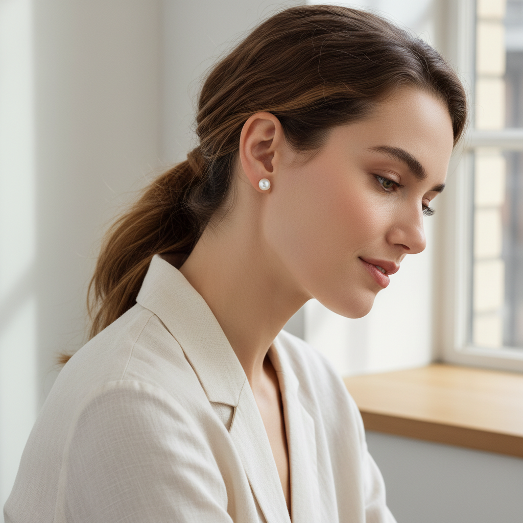 Woman wearing dainty freshwater pearl stud earrings in natural light