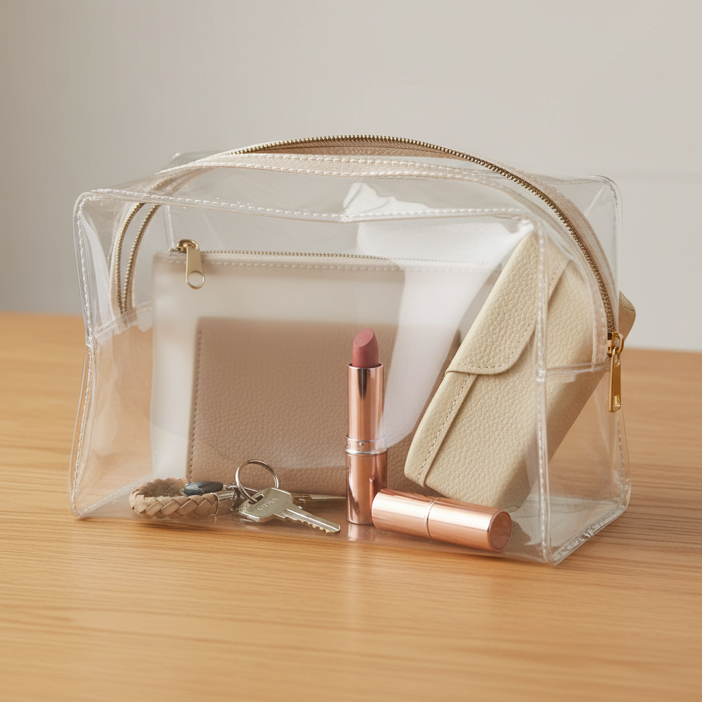 Organized clear bag interior with matching pouches, wallet, keys, and lipstick
