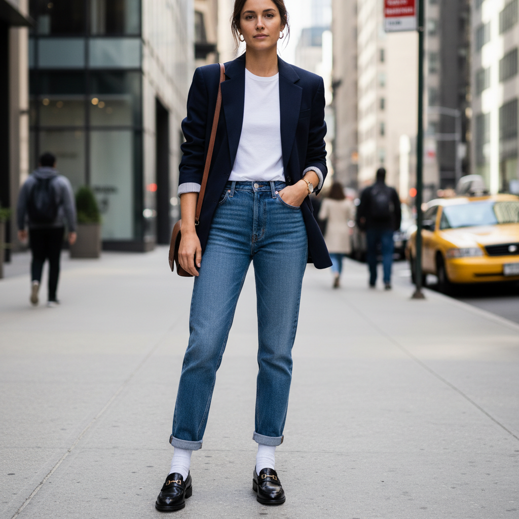Preppy loafers outfit with blazer and straight-leg jeans