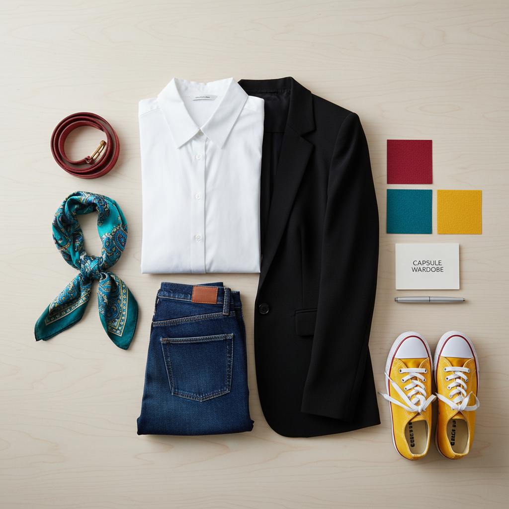 Color palette swatches and outfit flat lay showing accent color planning