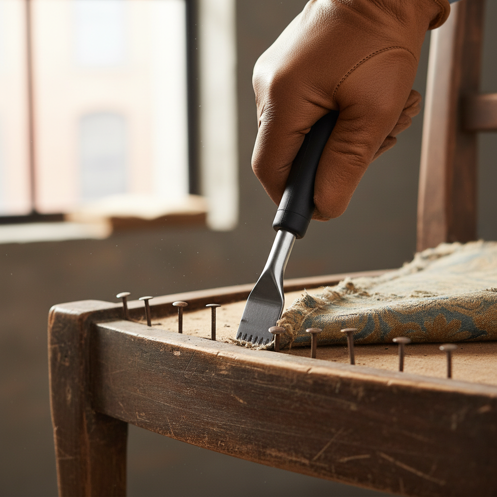 Upholstery tack remover tool removing tacks from a chair frame
