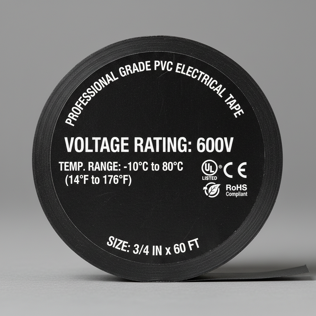 Close-up of electrical tape label showing voltage rating and temperature range