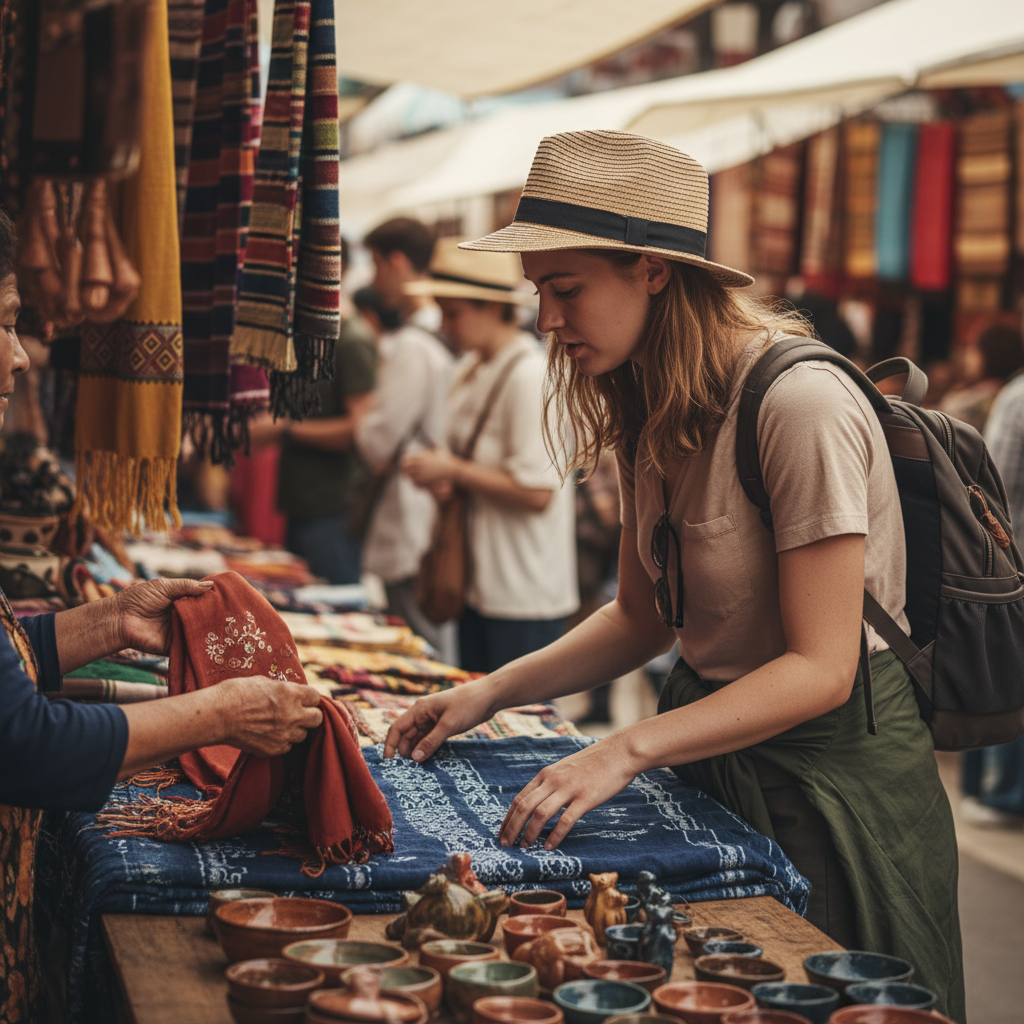 Traveler comparing handmade textiles and ceramic souvenirs at a local market stall