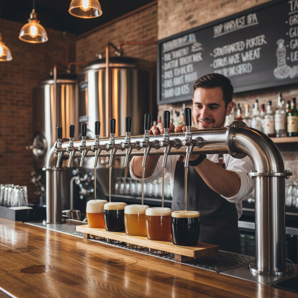 Brewery taproom staff pouring a tasting flight as part of a brewery tour travel guide itinerary