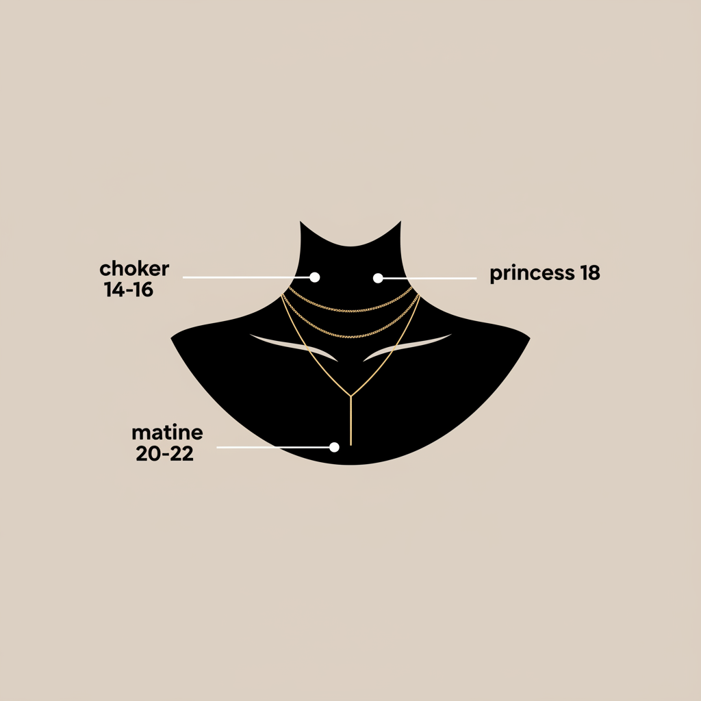 Necklace length layering diagram showing choker, princess, and matinee spacing