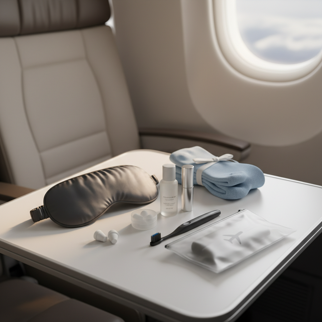 In-flight comfort kit with eye mask, earplugs, socks, and mini toiletries