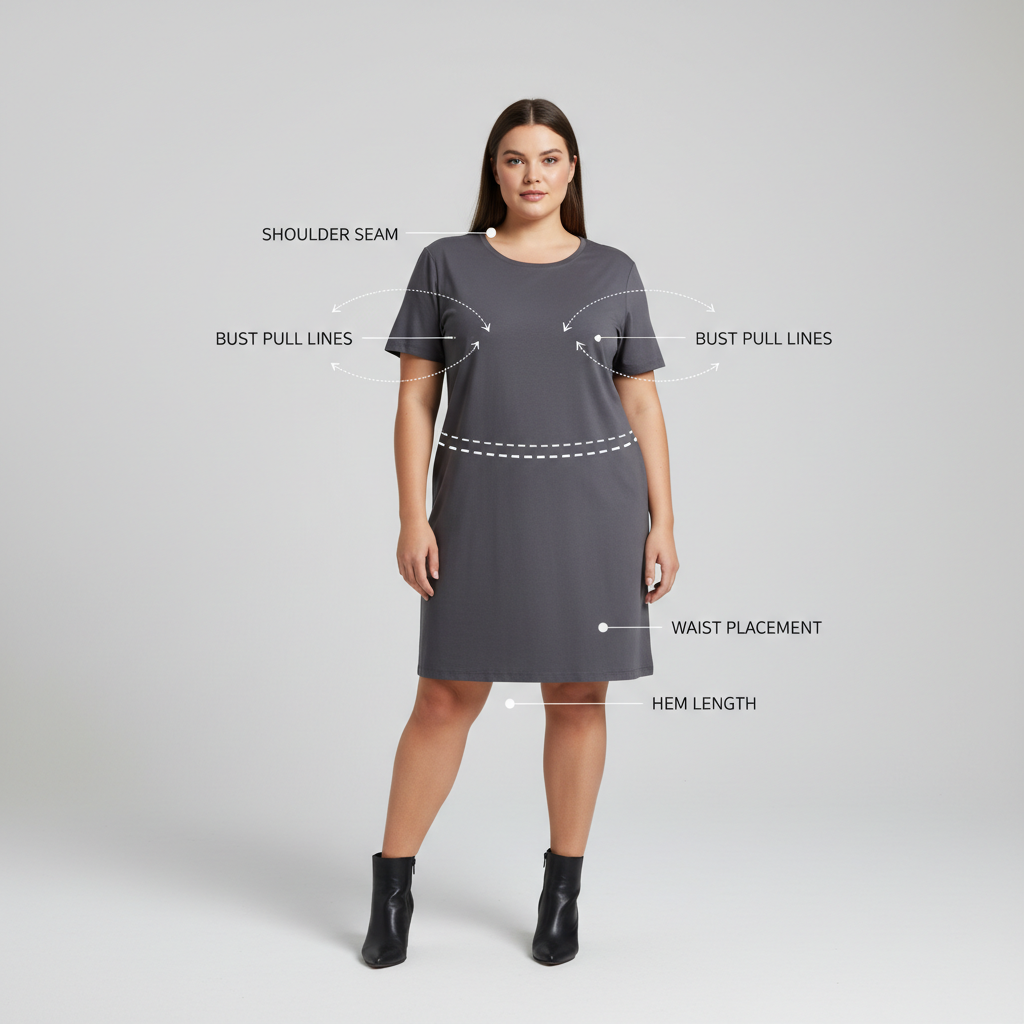 Plus size fit check showing garment pulling and waist placement