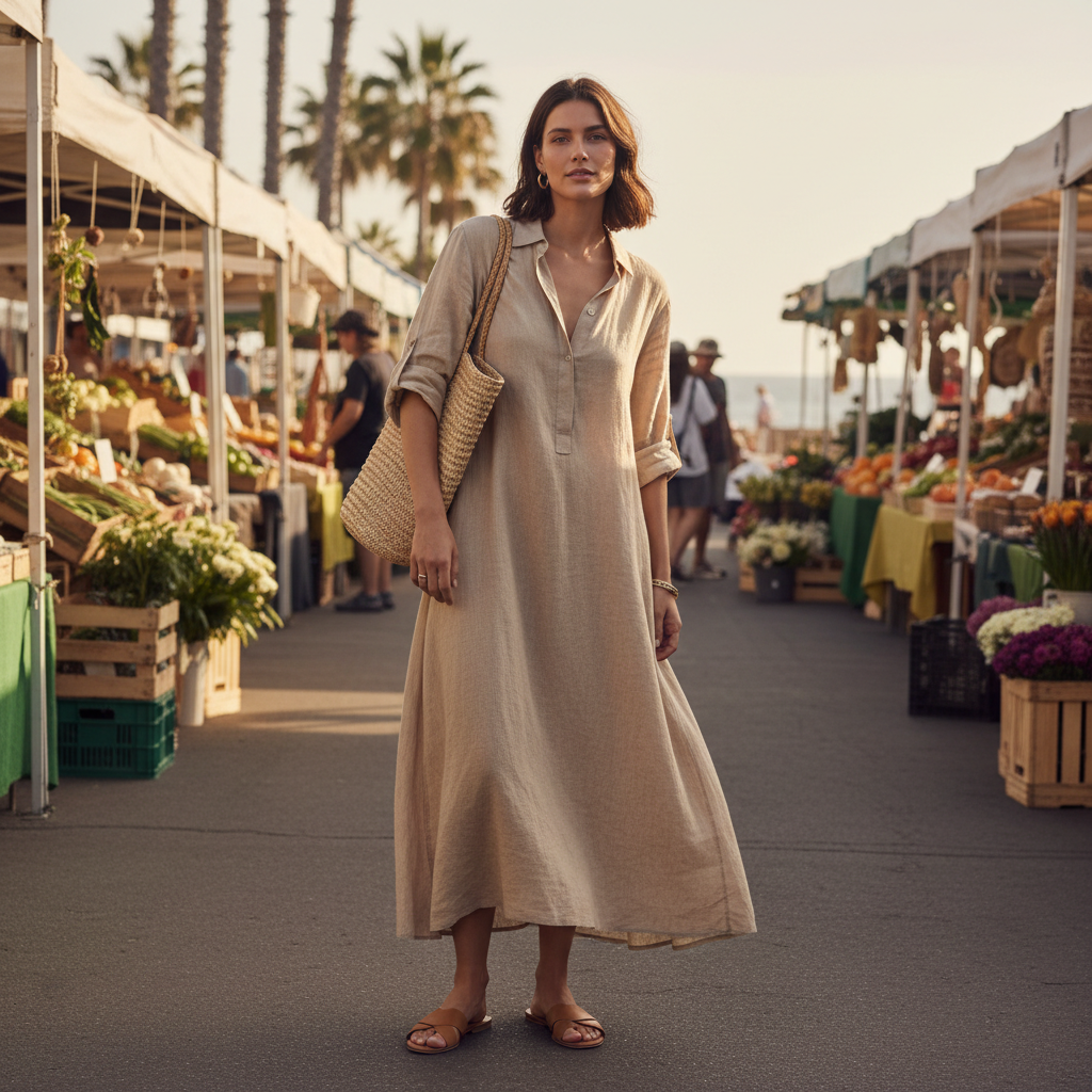 Linen shirt dress casual outfit with flat sandals and straw tote
