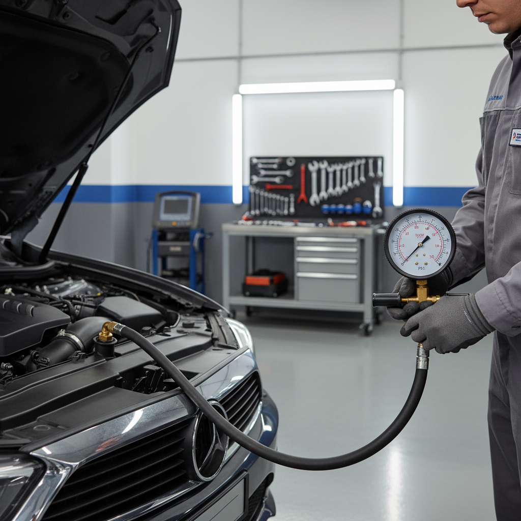 Mechanic using a radiator pressure tester kit on a vehicle cooling system