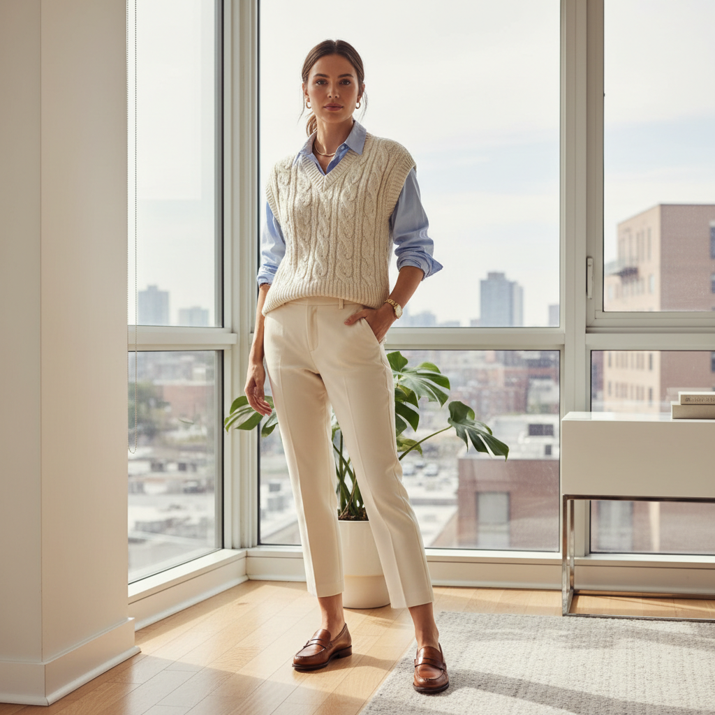 Preppy outfit formula with sweater vest, button-down, and loafers