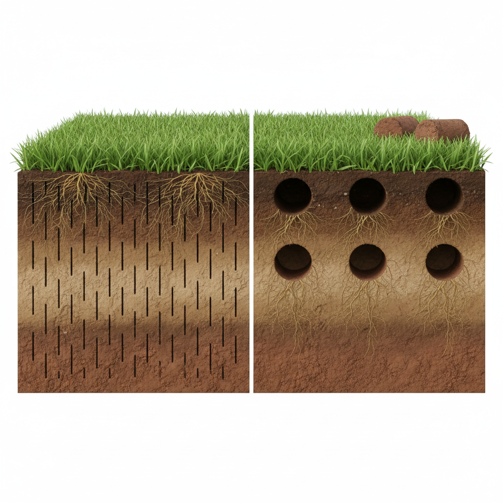 Comparison of spike aeration holes and core aeration plugs in lawn soil