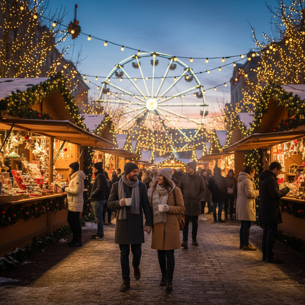 Cozy European-style winter market with lights and wooden stalls