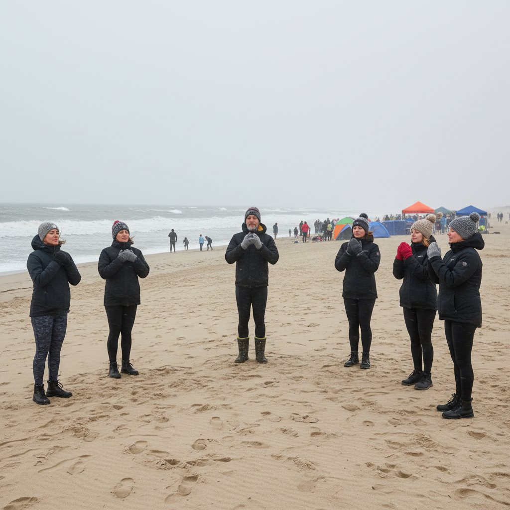 Friends doing a warm-up before a polar plunge at a cold beach event