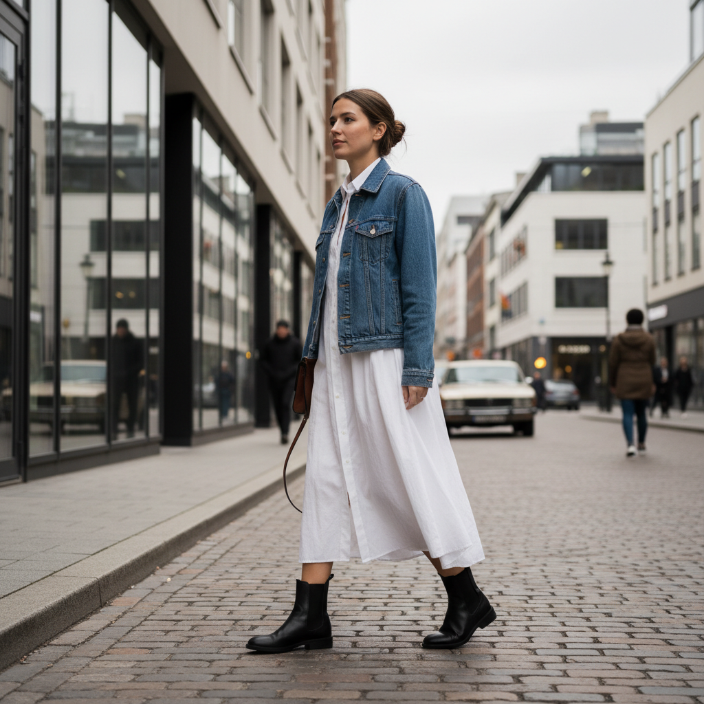 Casual shirt dress layered with denim jacket and ankle boots