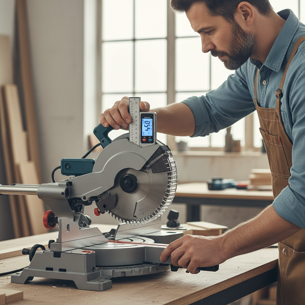Carpenter using a digital bevel gauge to transfer an angle to a miter saw