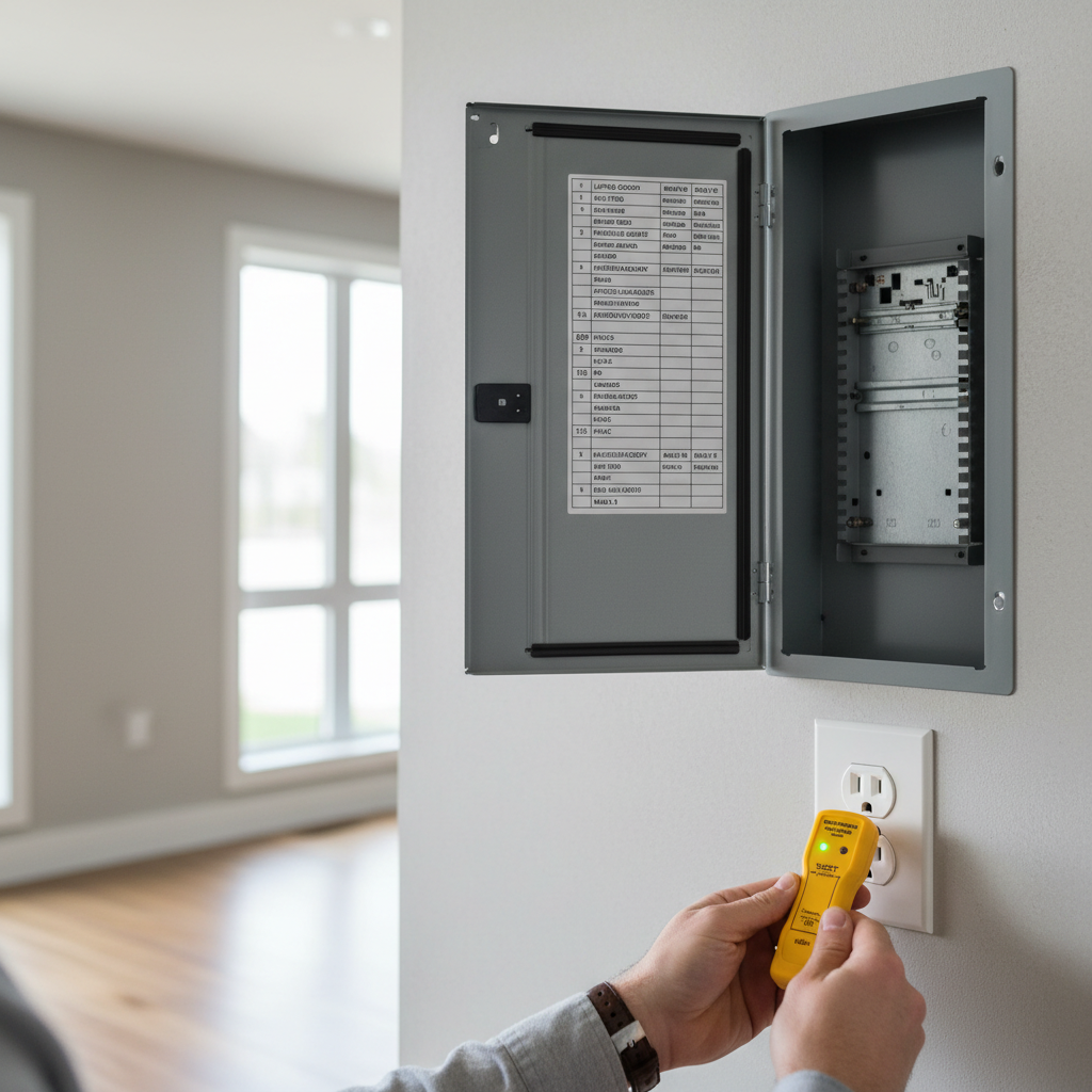 Homeowner testing multiple outlets with a 3-wire outlet tester near a breaker panel and labeled circuits