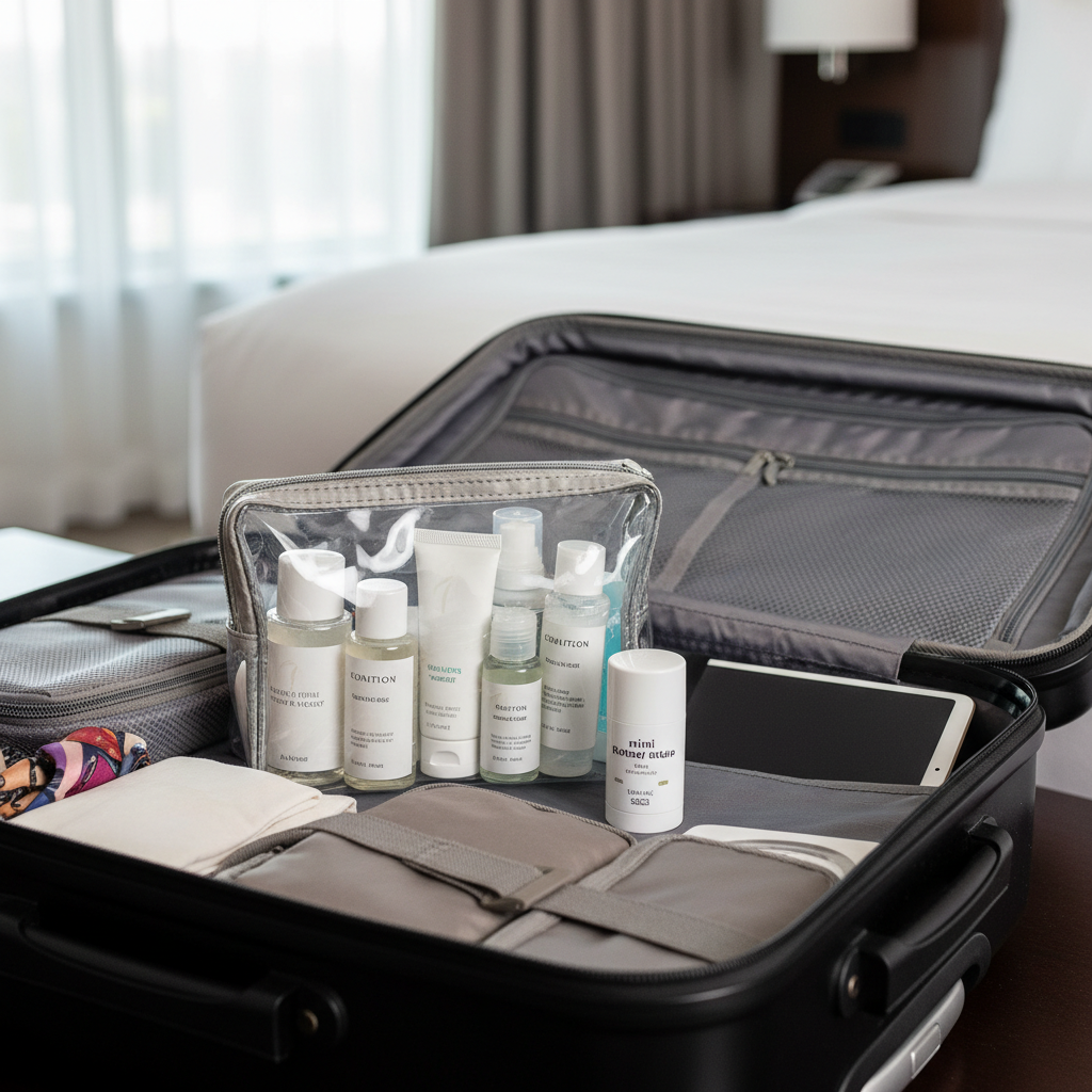 Mini travel deodorant in carry-on toiletry bag for TSA