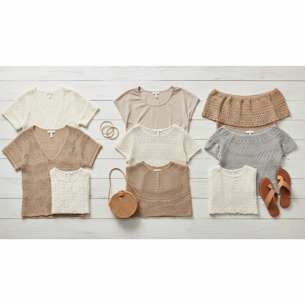 Flat lay comparing crochet top necklines and silhouettes for summer boho outfits