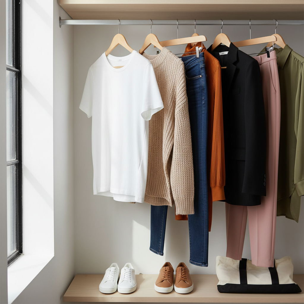 Minimal capsule wardrobe closet with neutral basics and a few accent pieces