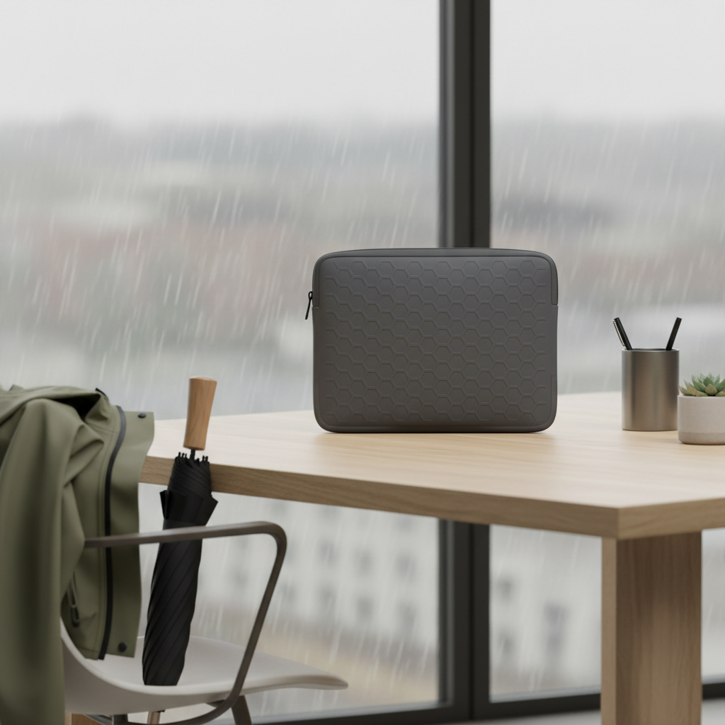 Waterproof men’s laptop sleeve on a modern office desk with rain gear nearby