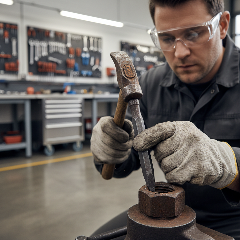 Mechanic using a cold chisel to split a rusted nut safely with eye protection