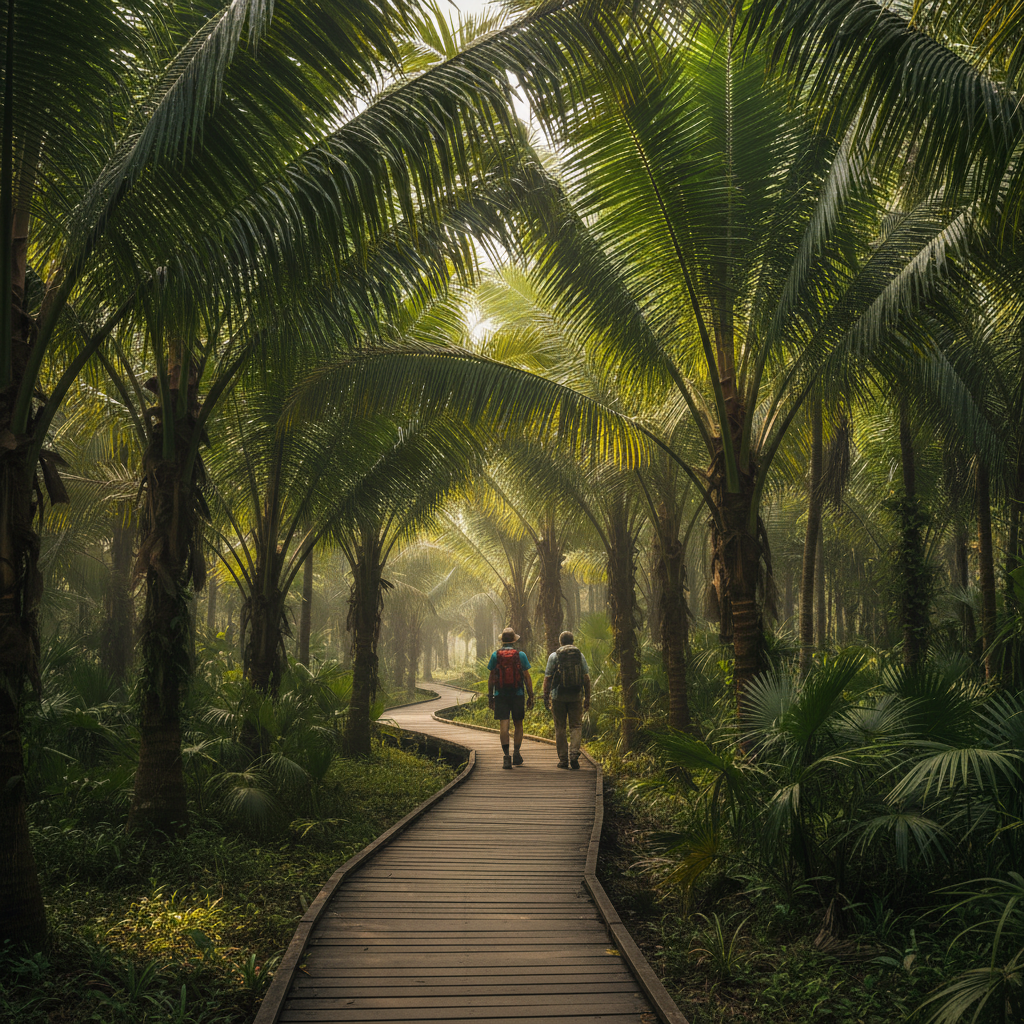 Travelers walking on a palm forest boardwalk in a tropical environment