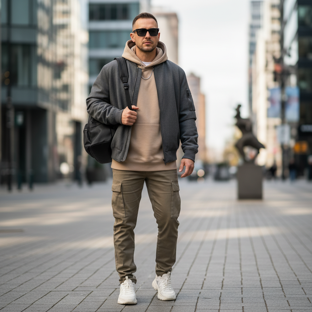 Men wearing square sunglasses in a modern city street style look