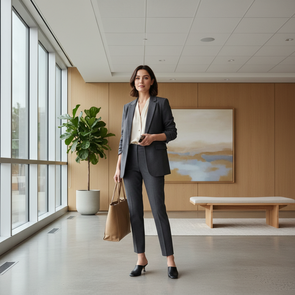 Work outfit with black kitten-heel mules, tailored trousers, and blazer