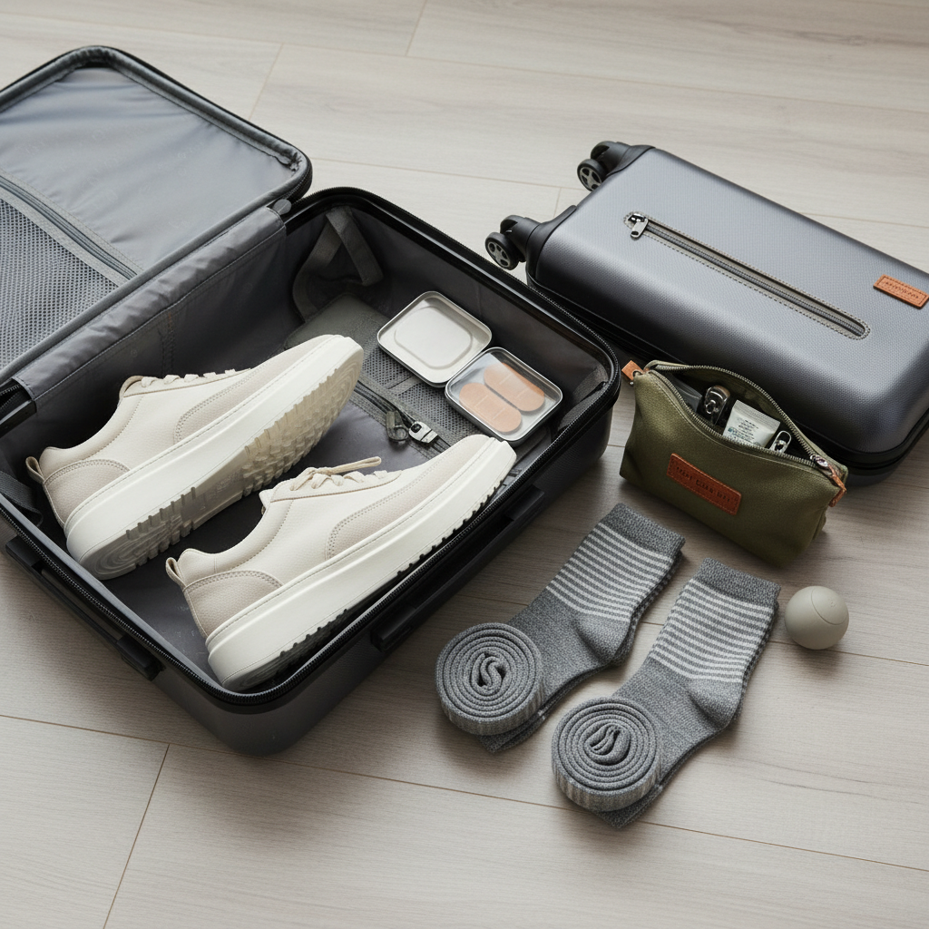Packing comfortable travel shoes with socks and blister care kit in carry-on