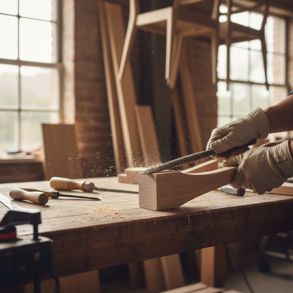 Wood rasp file shaping a chair leg blank during rough work