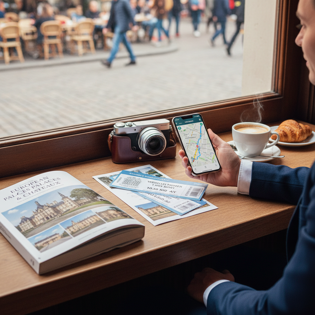 Traveler planning a European palace day trip with map, tickets, and camera