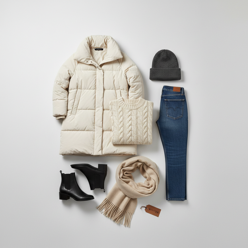 Capsule winter outfit flat lay with down coat, boots, scarf, and knitwear